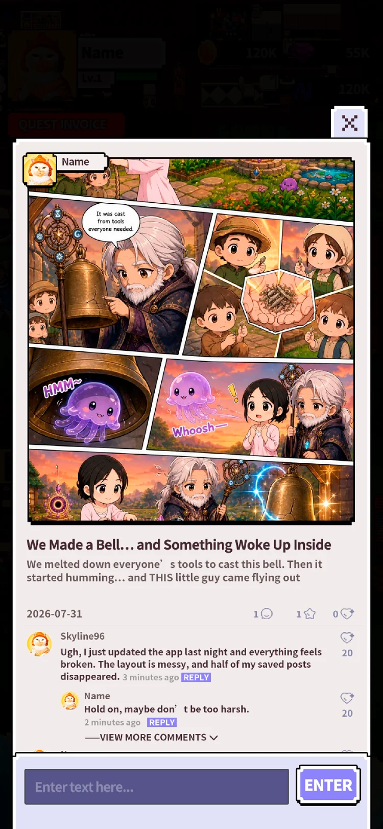 Miniwo Post product screen with a shared comic Story Card and community comments