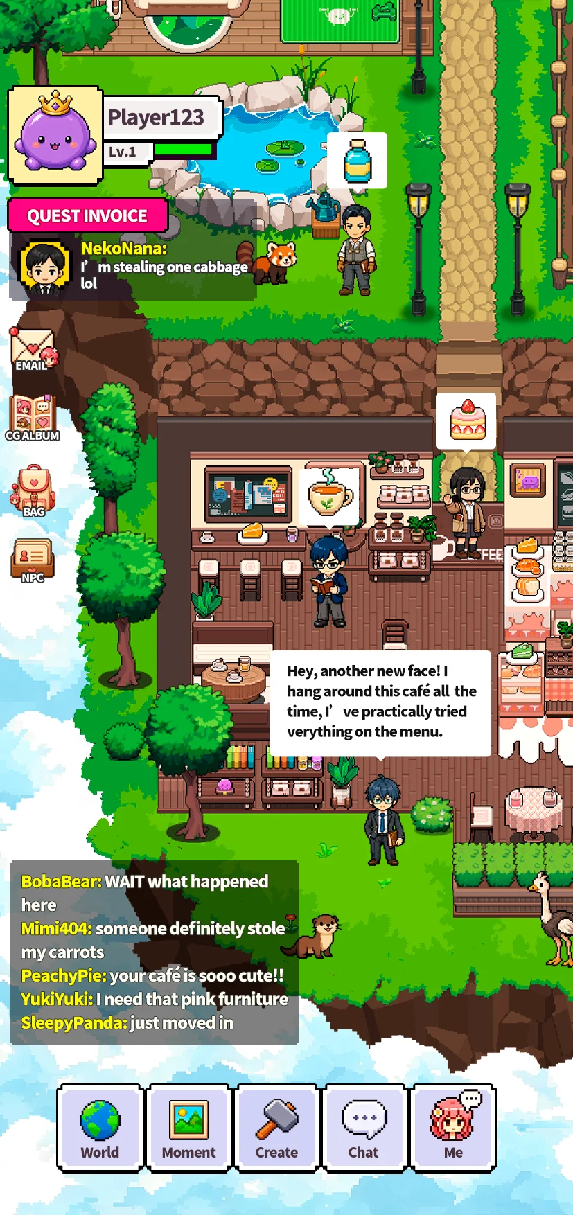 Miniwo gameplay from Scene-2: characters at a cafe, visiting players, in-world dialogue and community chat