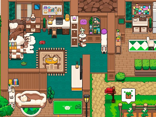 A Miniwo player world with a furnished home, vegetable garden and pastry cafe