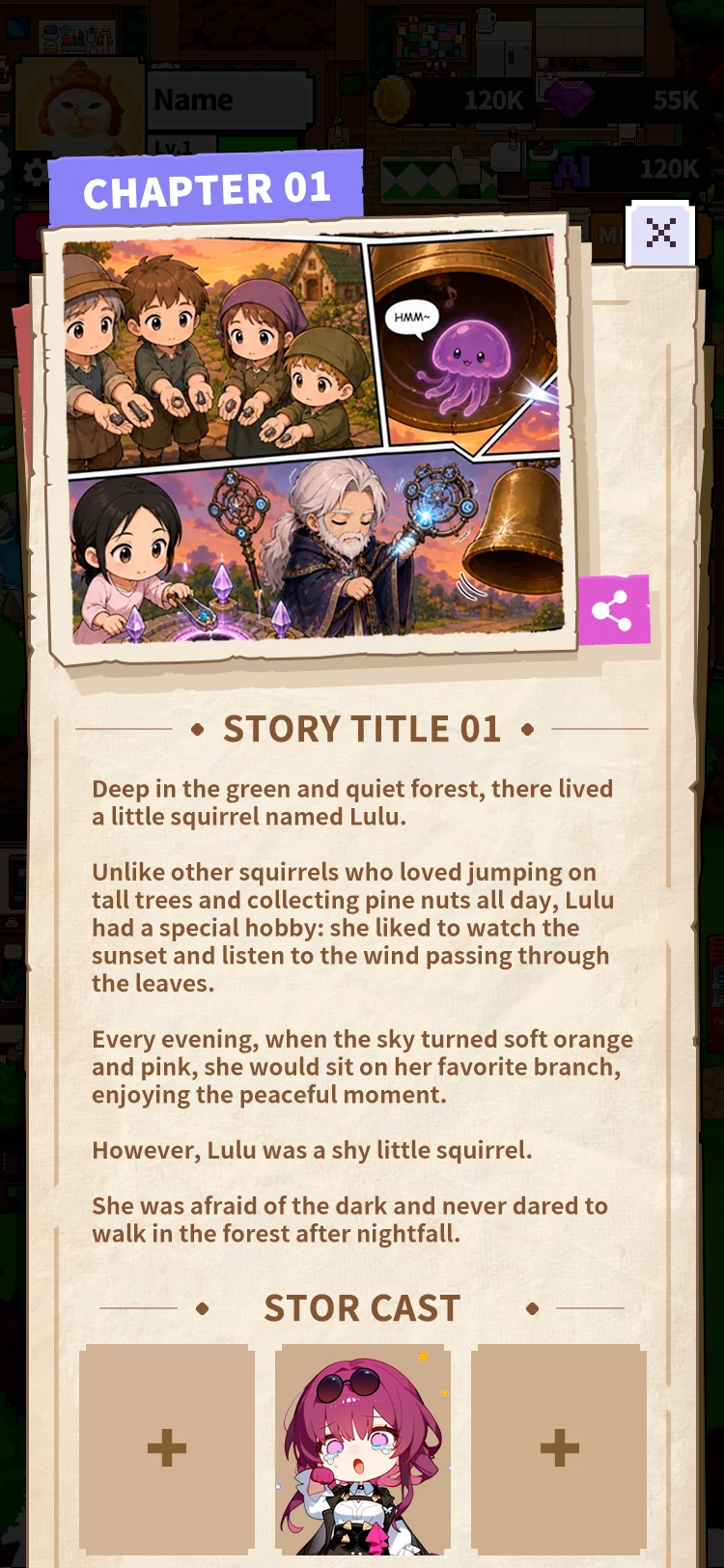 Miniwo Main Story product screen with chapter story and character selection