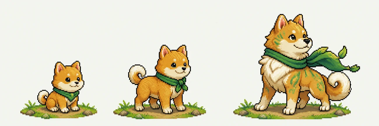 Illustrated growth from a small Shiba companion to an evolved pet