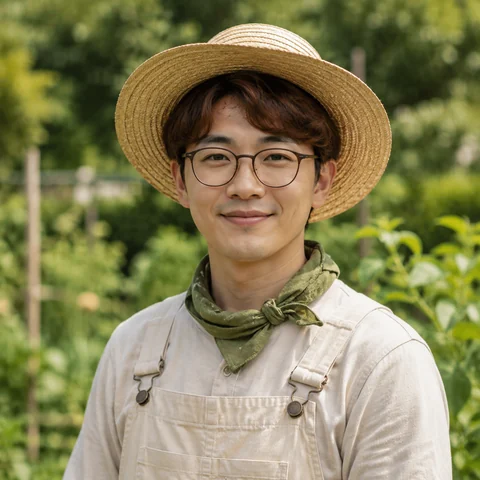 Illustrative portrait of a young adult farmer with glasses and a straw hat
